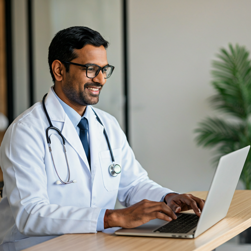 Professional doctor providing online consultation via video call