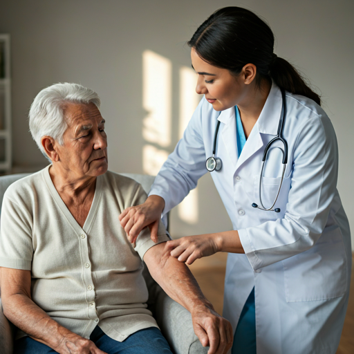Professional female doctor in white coat with stethoscope caring for elderly patient at home